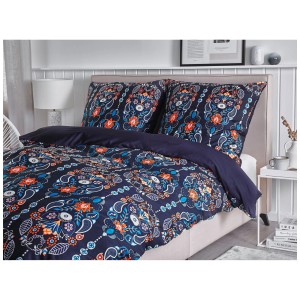 Set biancheria da letto Madrona con motivo blu e arancio in raso di cotone per letto matrimoniale.