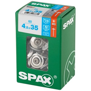 Vis Spax Spengler 4,5x35 mm, inox A2, avec rondelle d'étanchéité (60 pièces) dans une boîte verte.