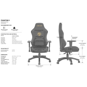 Vista dettagliata della sedia gaming bianca Anda Seat Phantom 3 con dimensioni.