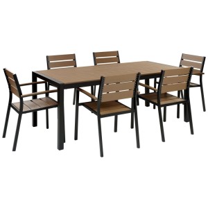 Ensemble de jardin Vernio 6 places: table rectangulaire et 6 chaises en bois composite marron, cadres noirs.