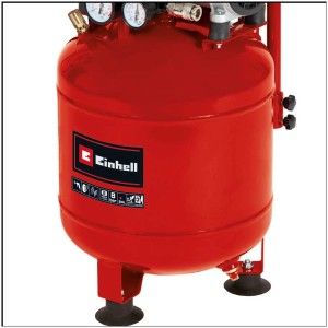 Compresseur silencieux rouge Einhell TE-AC 24 avec réservoir de 24 litres et manomètre.