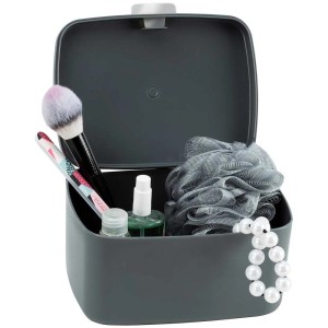 Box da bagno Barcellona antracite con coperchio, riempita con accessori da bagno.
