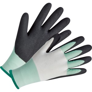 Guanti da lavoro LUX Active Cool, taglia 8, con rivestimento in nitrile nero e polsino color menta.