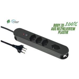 Schwarze Schönenberger Steckdosenleiste mit 4 T13-Steckdosen und 1,8 m Kabel.
