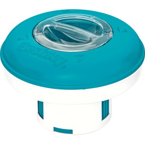 Galleggiante dosatore grande Bestway, dispenser per piscina blu e bianco con coperchio trasparente.