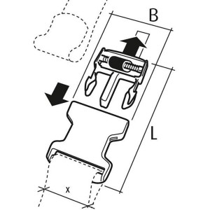 Illustrazione di una fibbia brevettata in plastica nera Conacord, lunga 68 mm, per cinghie di tensione.