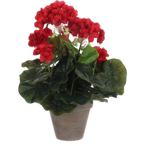 Geranio artificiale rosso in vaso, decorazione realistica per interni.