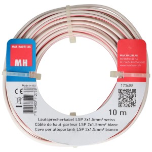 Câble de haut-parleur blanc LSP 2x1,5mm², rouleau de 10m pour applications audio et vidéo.