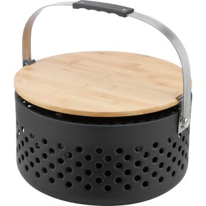 Barbecue à charbon de bois sans fumée avec couvercle en bambou, idéal pour balcon et camping.