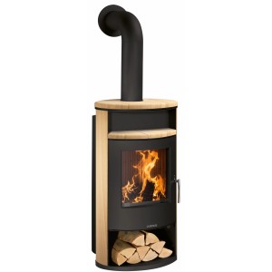 Justus Kaminofen Island Aqua Schwarz mit Sandstein, 10 kW, Energieeffizienzklasse A+.