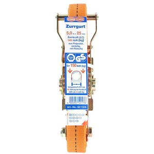 Blauer Conacord Spanngurt Pro, 25 mm breit, 5 m lang, mit Ratsche und Polyesterband.