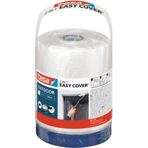 Film de masquage Tesa Easy Cover Outdoor avec ruban adhésif, rouleau avec film et ruban bleu.