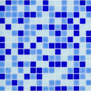 Mosaïque en verre Blue-Mix Dark Crystall, 32,6x32,6 cm, avec des carreaux de mosaïque bleus et bleu clair.