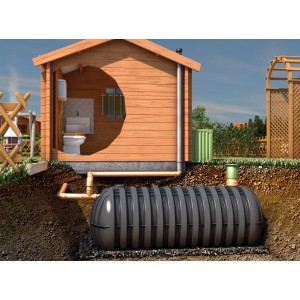Fosse septique Garantia Stabilus 3000L en coupe avec cabanon de jardin et installations.
