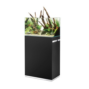 Oase ScaperLine 60 aquarium, 73 l, avec meuble noir et décoration aquascape.