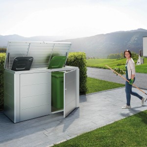 Biohort HighBoard 160 coffre de jardin en argent métallisé avec couvercle et porte ouverts, poubelle visible.