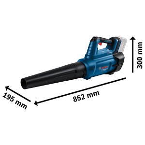 Souffleur à feuilles sans fil Bosch Professional GBL 18V-750 Solo, bleu/noir, avec dimensions.