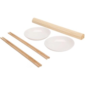 Set à sushi 7 pièces en bambou et porcelaine avec baguettes, bols et natte.