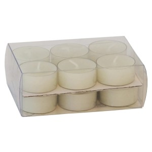 Bougies chauffe-plat blanches en boîtier plastique, lot de 9. Bougies piliers pour ambiance lumineuse.