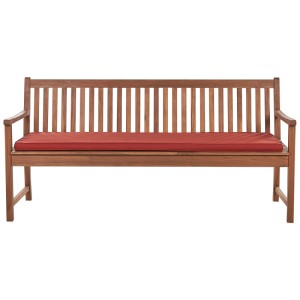 Banc de jardin Vivara en bois d'acacia avec coussin rouge foncé. Banc en bois robuste pour l'extérieur.