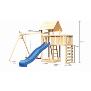 Tour de jeu Karibu Lotti avec balançoire double, toboggan bleu, mur d'escalade et plateforme.