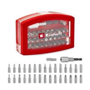 Einhell Jeu de 32 embouts avec embouts, porte-embout et adaptateur dans une boîte rouge avec clip de ceinture.