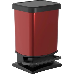 Roter Rotho Treteimer Paso, 20 l, mit Pedal und schwarzem Deckel. Mülleimer im Metallic-Look.