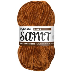 Pelote de laine Myboshi Chenille Velours couleur castor, 100g, idéale pour tricoter et crocheter.
