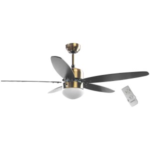 Ventilateur de plafond Sonnenkönig Catania avec lampe et télécommande. Ventilateur aspect doré avec pales noires.