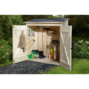 Casetta da giardino Weka 361 A aperta, in legno con tetto a una falda e accessori da giardino.