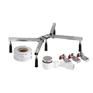 Kit universel pour receveur de douche : support, garniture de vidage, brides de fixation et bande d'isolation phonique.