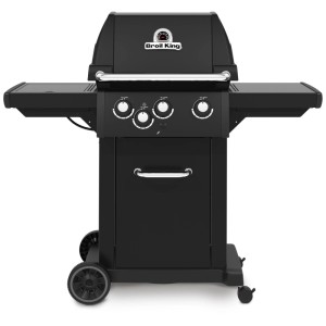 Barbecue a gas nero Broil King Royal 340 Shadow con ripiani laterali e tre bruciatori.