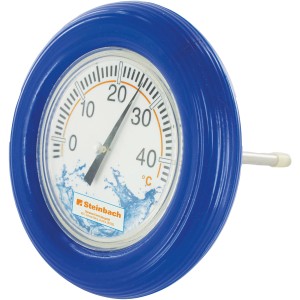 Thermomètre de piscine rond Steinbach avec anneau flottant bleu, affichage de la température en degrés Celsius.