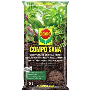 Sac de terreau Compo Sana pour plantes vertes et palmiers, 5 litres. Terre spéciale pour plantes d'intérieur et de balcon.