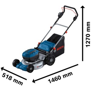 Tondeuse à batterie Bosch Professional GRA 18V2-46 (sans batterie) avec bac de ramassage et boîtier bleu.