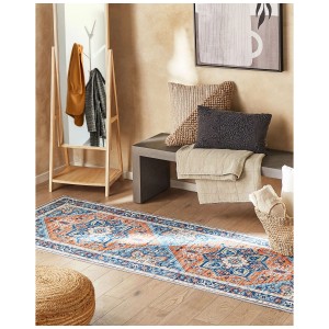 Tapis de couloir bleu et orange à motif oriental, 80x300 cm. Tapis à poils courts pour entrée ou salon.