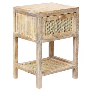 Table de chevet Beliani Esto, bois de Paulownia marron clair et rotin, 51x35x29 cm.