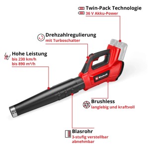 Souffleur de feuilles sans fil Einhell GP-LB 36/230 avec batterie et chargeur, rouge/noir.