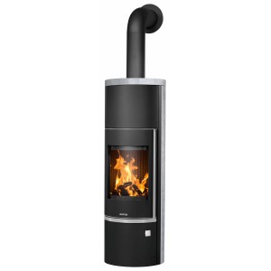Justus Kaminofen Faro Aqua 2.0, Stahl schwarz mit Speckstein, 8,5 kW. Kamin mit Feuer.