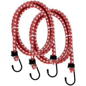 Deux sandows rouges Unitec, 120 cm de long, avec crochets, idéal pour voyage et transport.