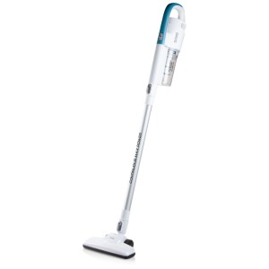 Aspirateur balai et à main Domo DO237SV, blanc et bleu avec manche en aluminium.