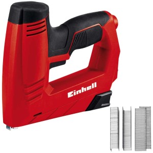 Cucitrice elettrica rossa Einhell TC-EN 20 E con punti metallici e chiodi.