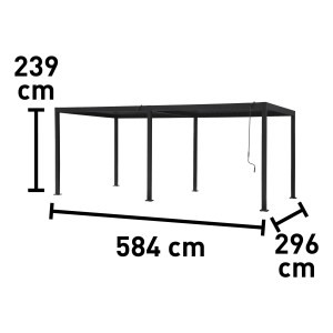 Pergola Carinda in alluminio antracite con dimensioni (239x584x296cm) per giardino o terrazza.