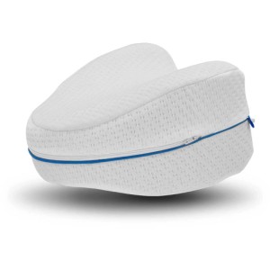 Dreamolino Leg Pillow, oreiller repose-jambes ergonomique, blanc avec fermeture éclair bleue.