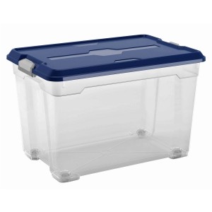 Box multiuso trasparente OBI Cadiz XL (59 l) con coperchio blu e ruote.