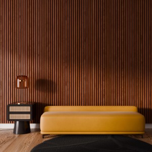 Pannello acustico da parete in noce oliato montato su una parete dietro un divano giallo.