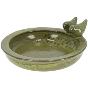 Bagno per uccelli Bolta in ceramica verde con due figure di uccelli. Bagno per uccelli rotondo per il giardino.