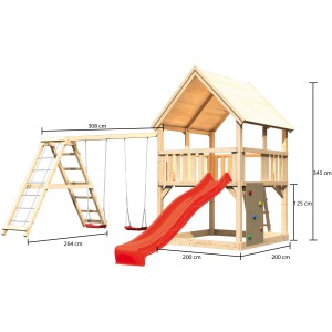 Torre gioco Karibu Luis con altalena doppia, parete da arrampicata e scivolo rosso. Legno naturale.