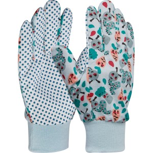 Gants de travail pour enfants 'Wurm' bleus, taille 5, avec motif à pois et vers.