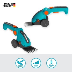 Gardena ComfortCut Li Set de cisailles à gazon sans fil avec manche télescopique et roues.